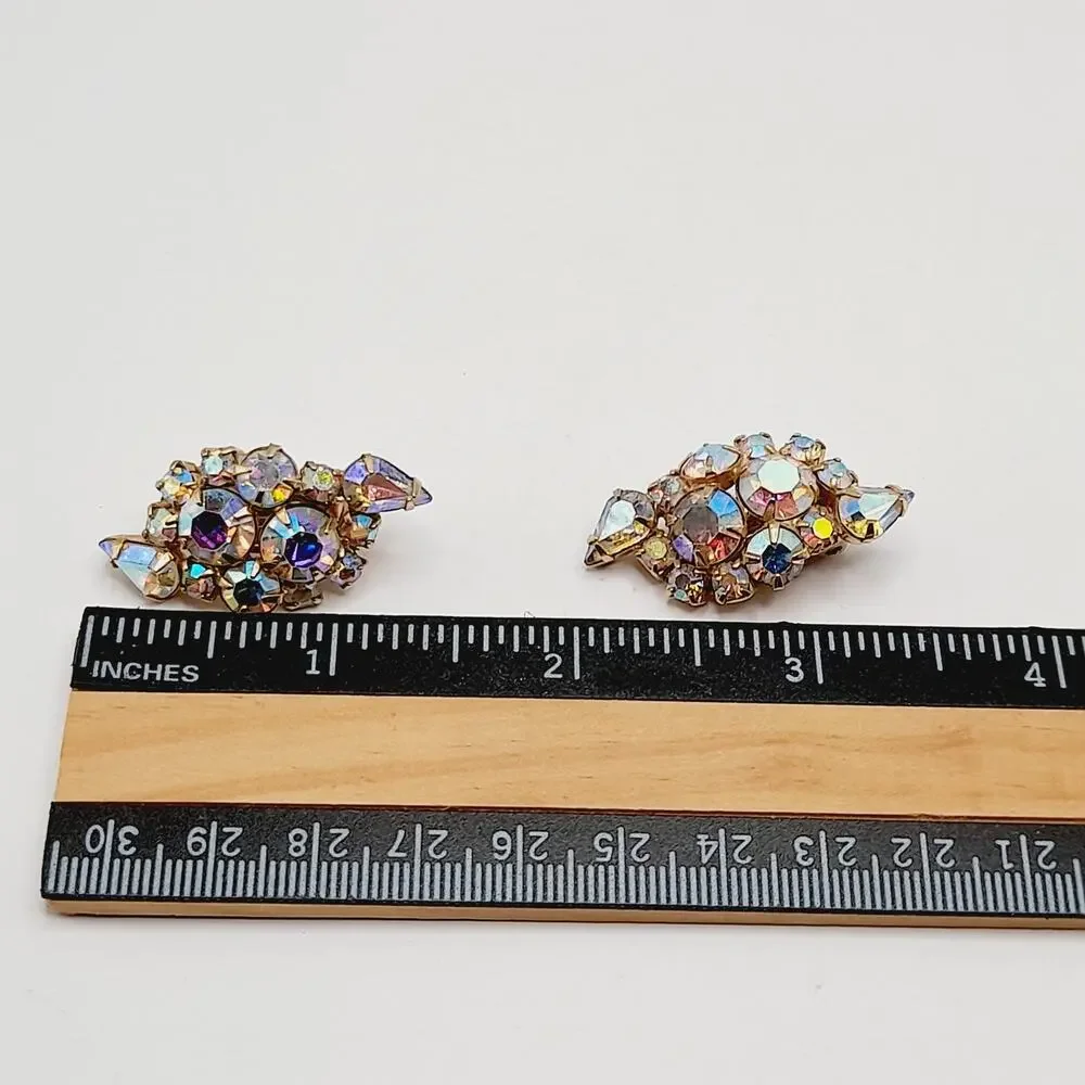 Vintage 1960s Aurora Borealis Rhinestone Clip Earrings Gold Tone